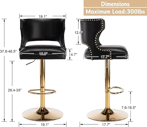 Miniatura 3 de Shunzhi Juego de 2 taburetes de bar giratorios de piel sintética, taburetes de bar ajustables con respaldo abiertobase tapizada, sillas de bar