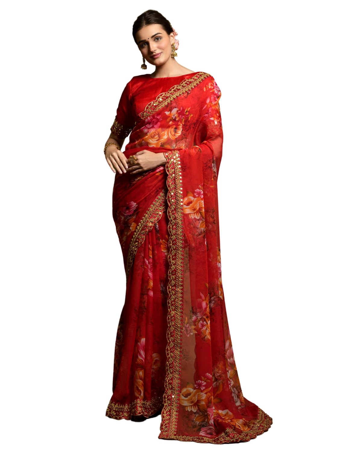 amazon brand - tavasya Women's Georgette Floral Print Sarees with Embroidery and Cutwork Lace With Unstitched blouse piece-picture-12