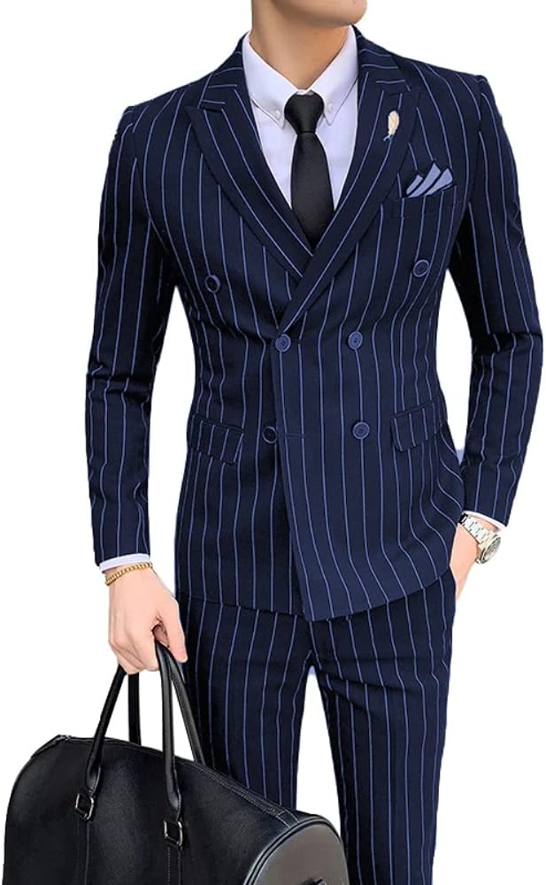 Mens 2 Piece Suit Pinstripe Slim Fit Wedding Groomman Formal Bussiness Notched Lapel Suits Tuxedos
