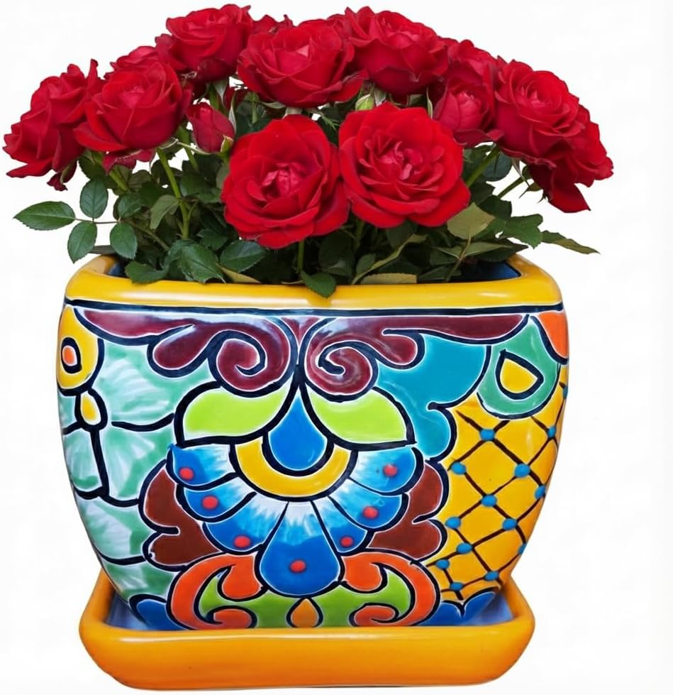Talavera Treasures- Mexican Hand Painted Succulent Flower Pot Squared Mexican Pottery Planter with Saucer Included
