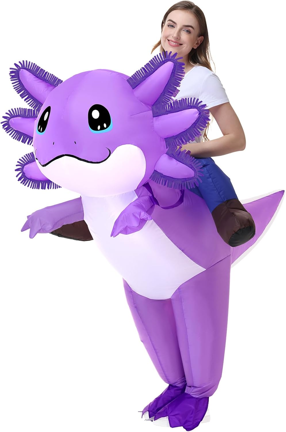 Stegosaurus Inflatable Axolotl Costume for Adult Halloween Costumes Air Blow up Costumes Funny Ride on Axolotl Costume for Cosplay Party Purple