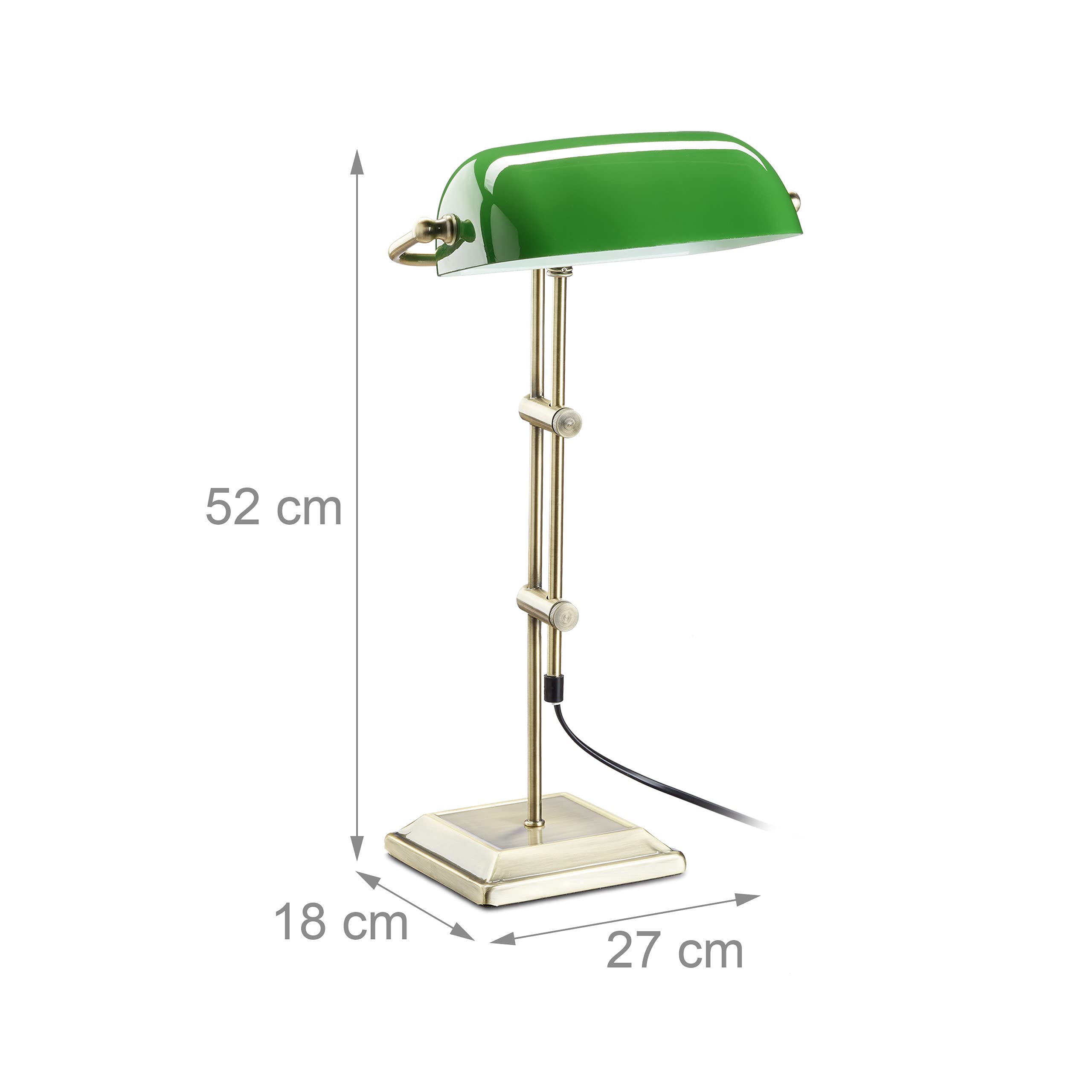 Relaxdays Bankerlampe grün, Tischlampe Glas, Dekolampe Retro, Tischlampe Messing Optik, HxBxT: 52 x 27 x 18 cm, bronze