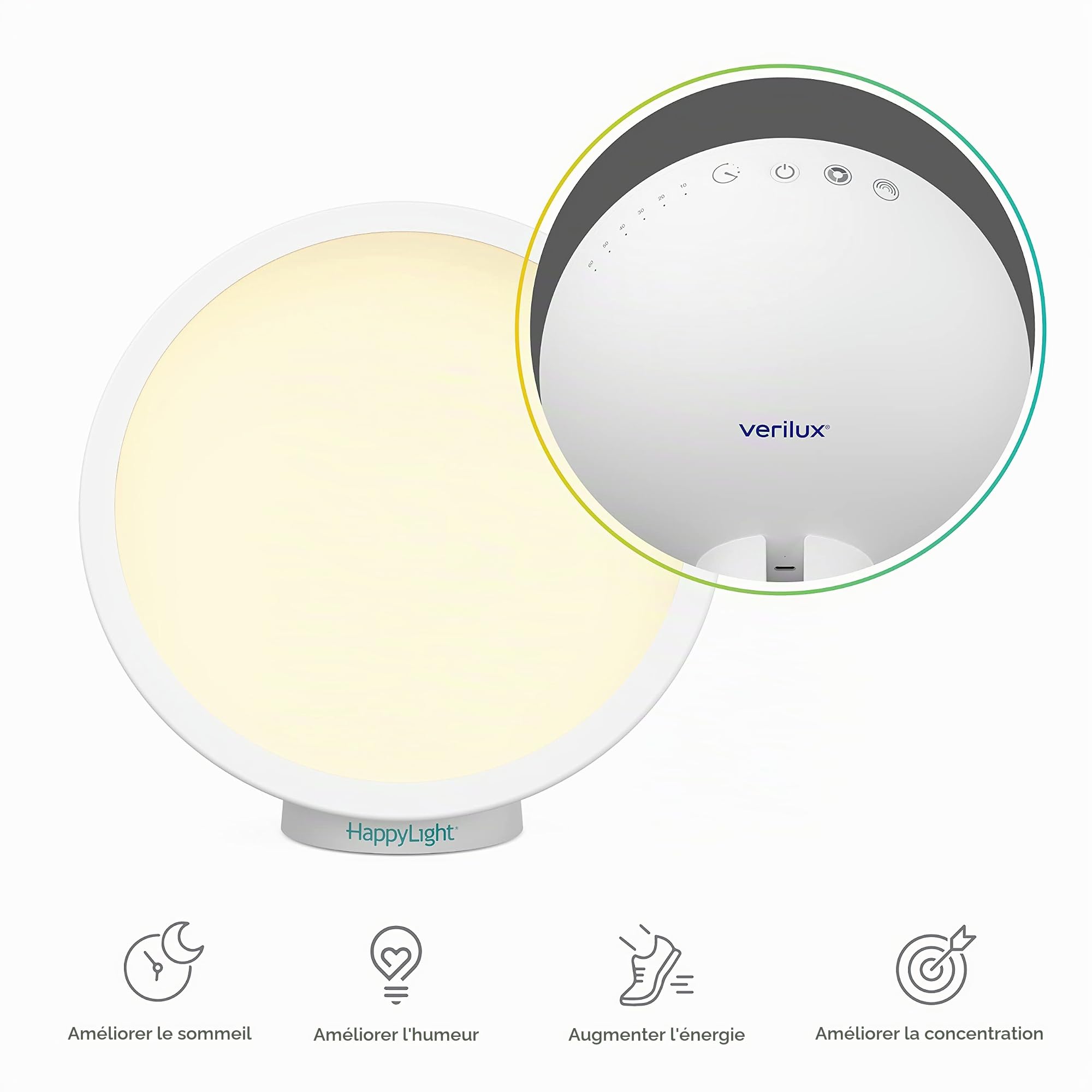 Verilux® HappyLight® Halo Lampe de luminothérapie LED sans fil avec base magnétique à 360° et batterie rechargeable pour lampe portable, sans UV, spectre complet de 10 000 LUX avec luminosité et