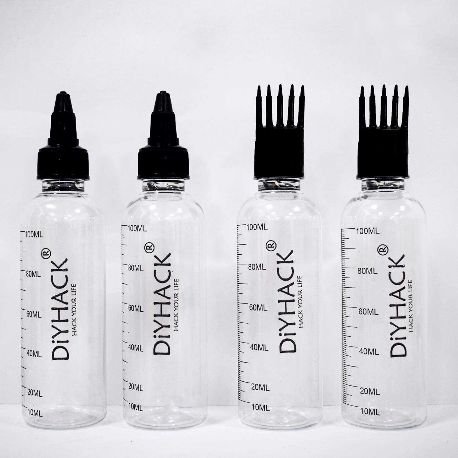 Plastic Scalp Hair Root Applicator With Comb Cap 100Ml -Pack Of 4, Multicolor