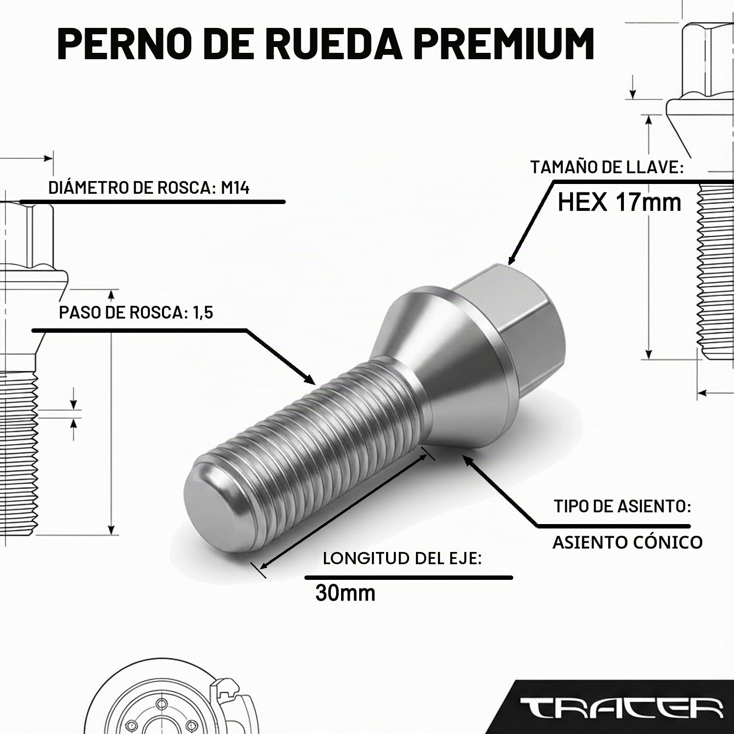 20 tornillos de rueda para pernos de rueda, unión, M14 x 1,5, 30 mm, compatibles con Fiat, Peugeot, Citroen, Mercedes, Skoda, Seat, Ford, Renault, Volvo, BMW