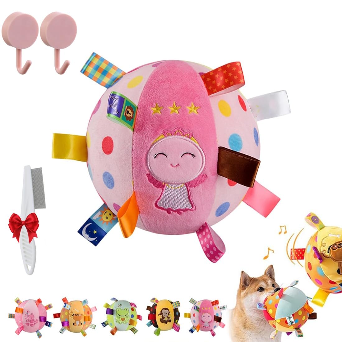 Qosneoun Colorful Squeaky Hanging Dog Training Toy, Puppy Play Gym with Built-in Bell, Soft Stuffed Cotton Ball Bungee Chew Toys for Small Medium Dogs Interactive Training (Angel)