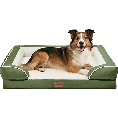 Comfort Expression Orthopedic Dog Bed for Large Dogs 38x25 Inch, Waterproof Supportive Egg Crate Foam Large Pet Bed with Removable Bolster, Dog Couch with Washable Cover & Non-Slip Bottom, Light Green