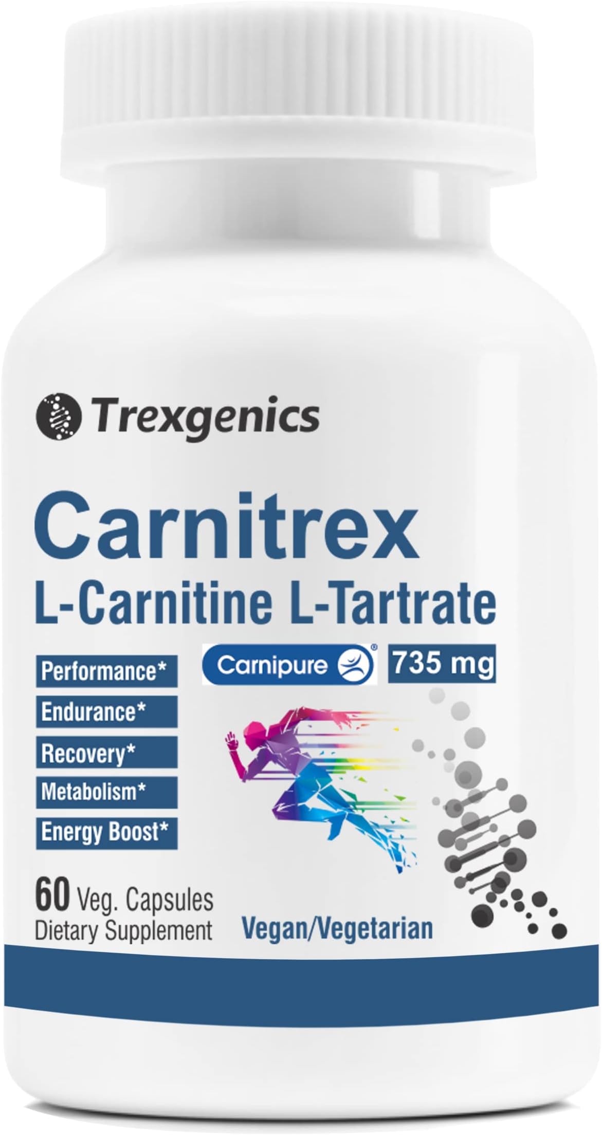 Trexgenics L-Carnitine L Tartrate VEGAN & GLUTEN FREE CARNIPURE (Lonza, Switzerland) L-Carnitine L-Tartrate 735mg (60 Veg. Capsules)