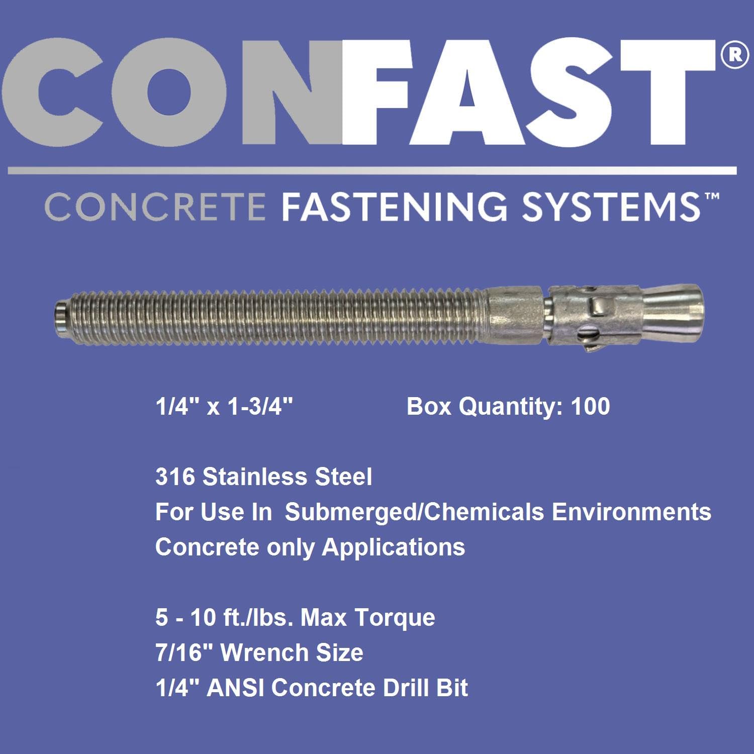 CONFAST 1/4" x 1-3/4" 316 Stainless Steel Wedge Anchor (100 per Box)