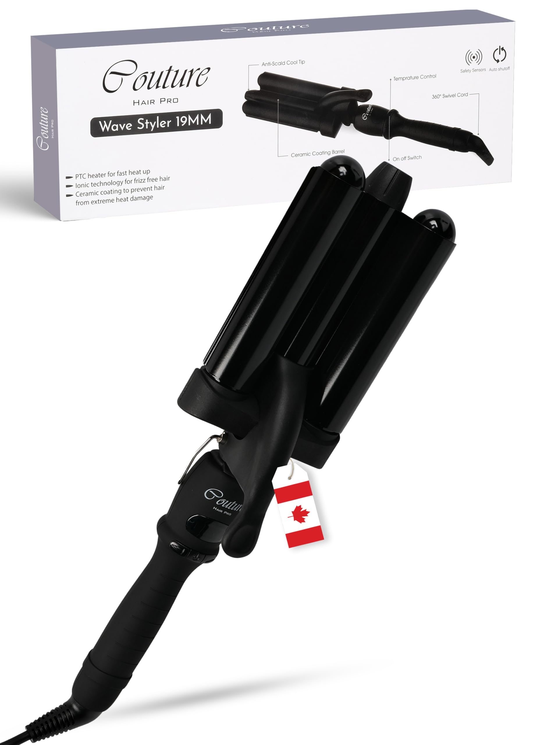 Couture Hair Pro 3 Barrel Ceramic Wave Styler - Waver for Beach Waves - Mermaid Styler - Beach Waves for Women - Authentic Canadian Product for Bed Head Waves - Premium Saloon Quality (19MM)