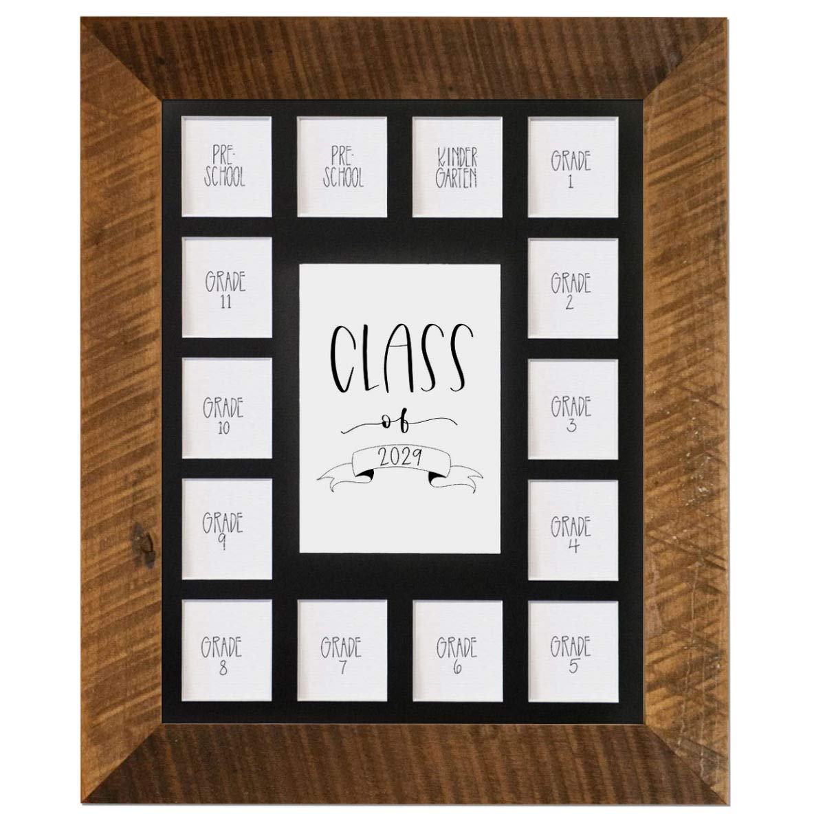 Rustic Red Door Co. School Years Reclaimed Wood Picture Frame - 11x14 Wooden Framed 15 Photo Collage Mat Pre-School &amp; Kindergarten to 12th Grade High School Graduation (Class of 2029, Black)