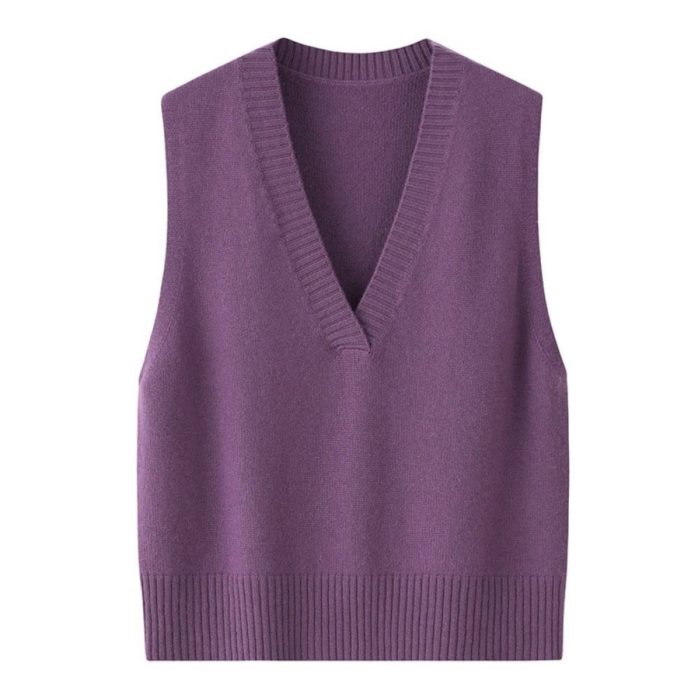 Chaleco Punto Mujer,Chalecos Con Cuello En V Para Mujer Chaleco De Punto Cachemira De Color Sólido Púrpura Dobladillo De Punto Acanalado Clásico Ligero Cálido Suéter Sin Mangas Camiseta Sin Man