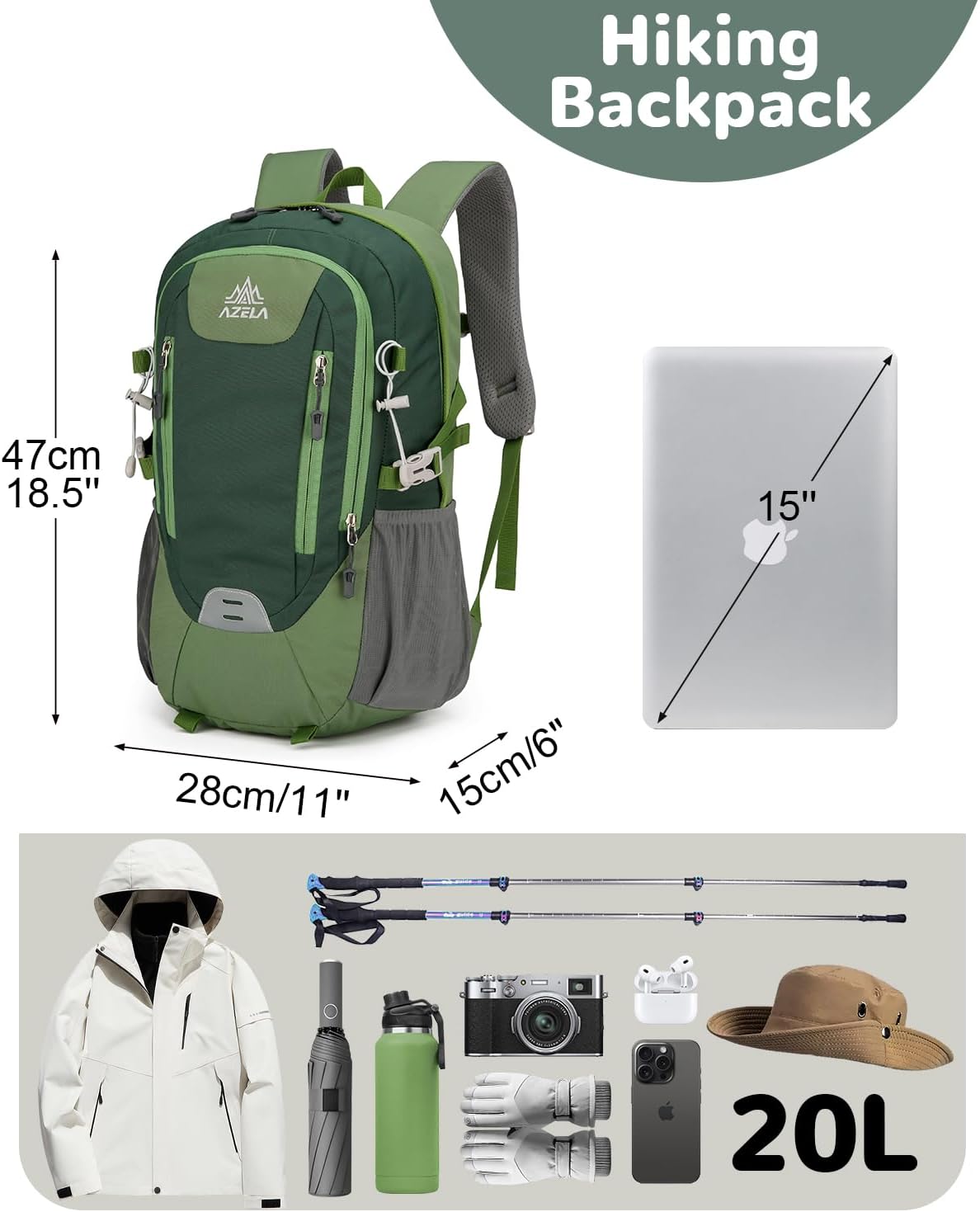 20L Small Reflective Hiking Backpack with Padded Straps for Men Women, Lightweight Travel Daypack, Green - Image 2