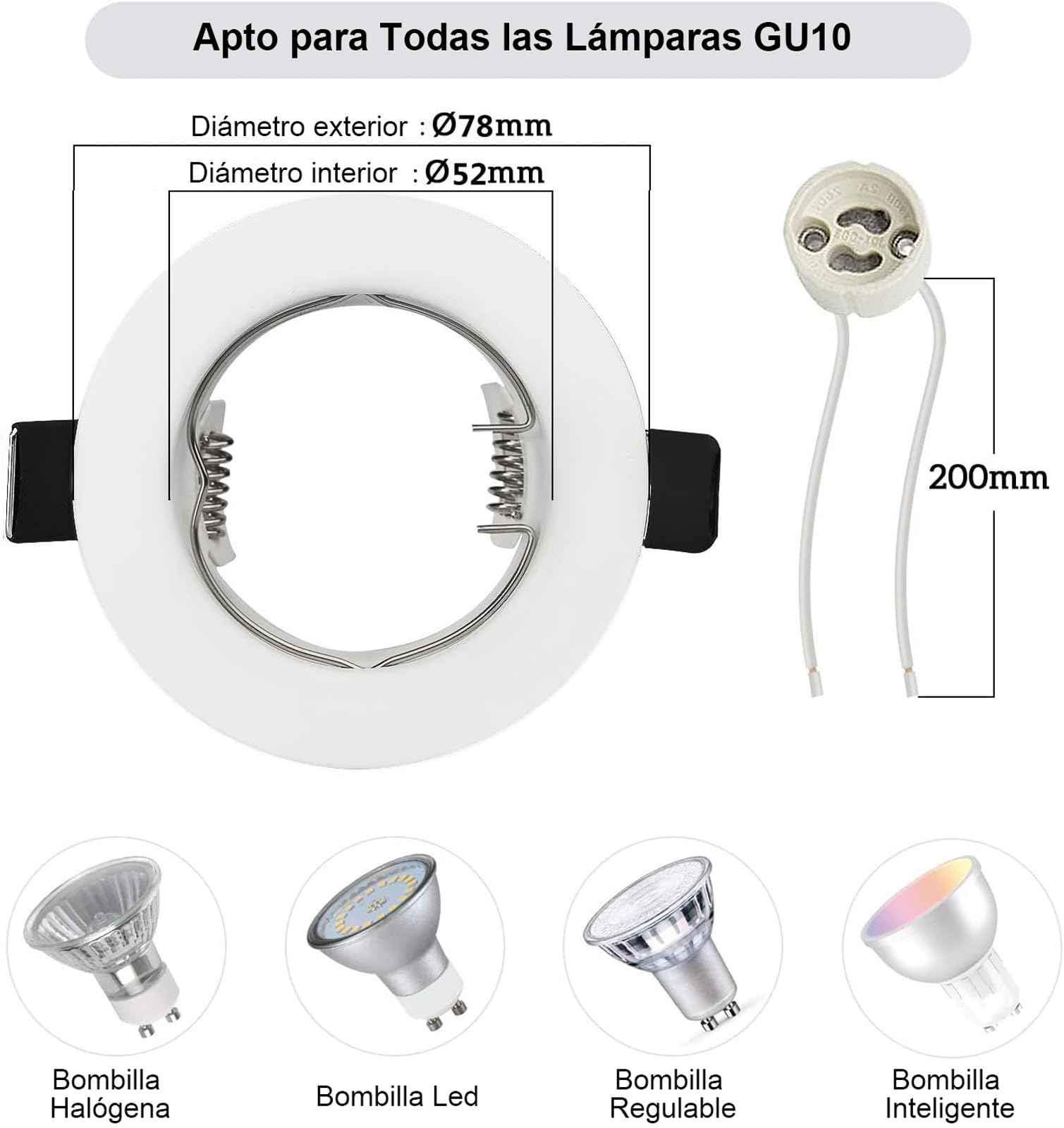 HiBay Focos empotrables GU10,20x Marco Focos gu10 Blanco,Corte 65-68mm,Para Lámparas De Led O Halógena,Marcos Downlight Empotrado Ojos de Buey con Portalamparas GU10