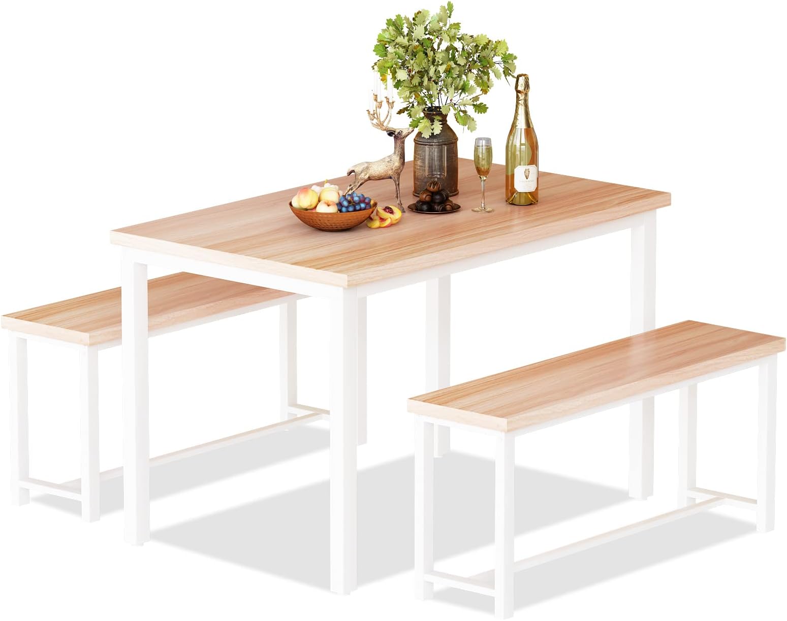 Kitchen Table Benches, 4-6 Person Space Saving Small Dining Sets Metal Frame and MDF Board for Breakfast Nook, Living Room, Apartment, Beige