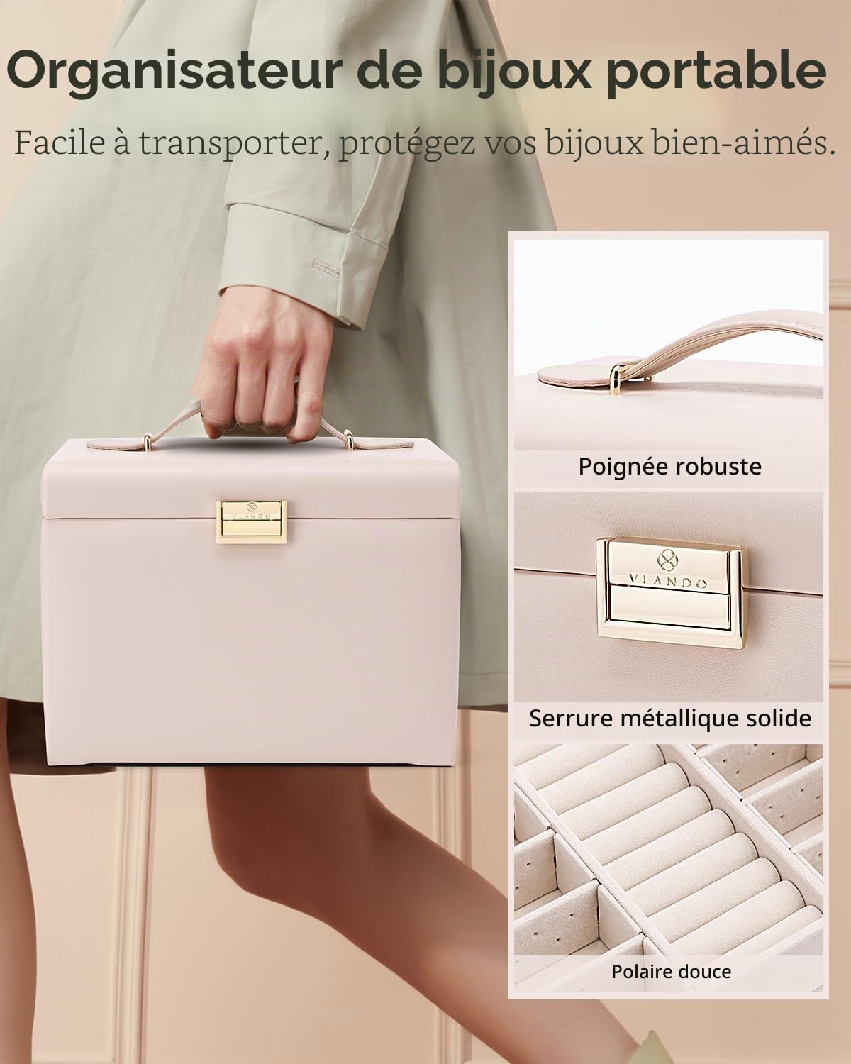 Vlando Grande boîte à bijoux à 4 niveaux - En cuir synthétique - Avec miroir et tiroirs - Organiseur de bijoux - Doublure en velours - Beige