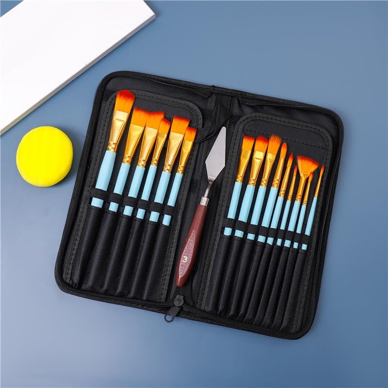 Ensemble De 15 Pinceaux en Bois Massif, Poils en Nylon, pour Artistes Et Étudiants en Peinture Acrylique.(D)
