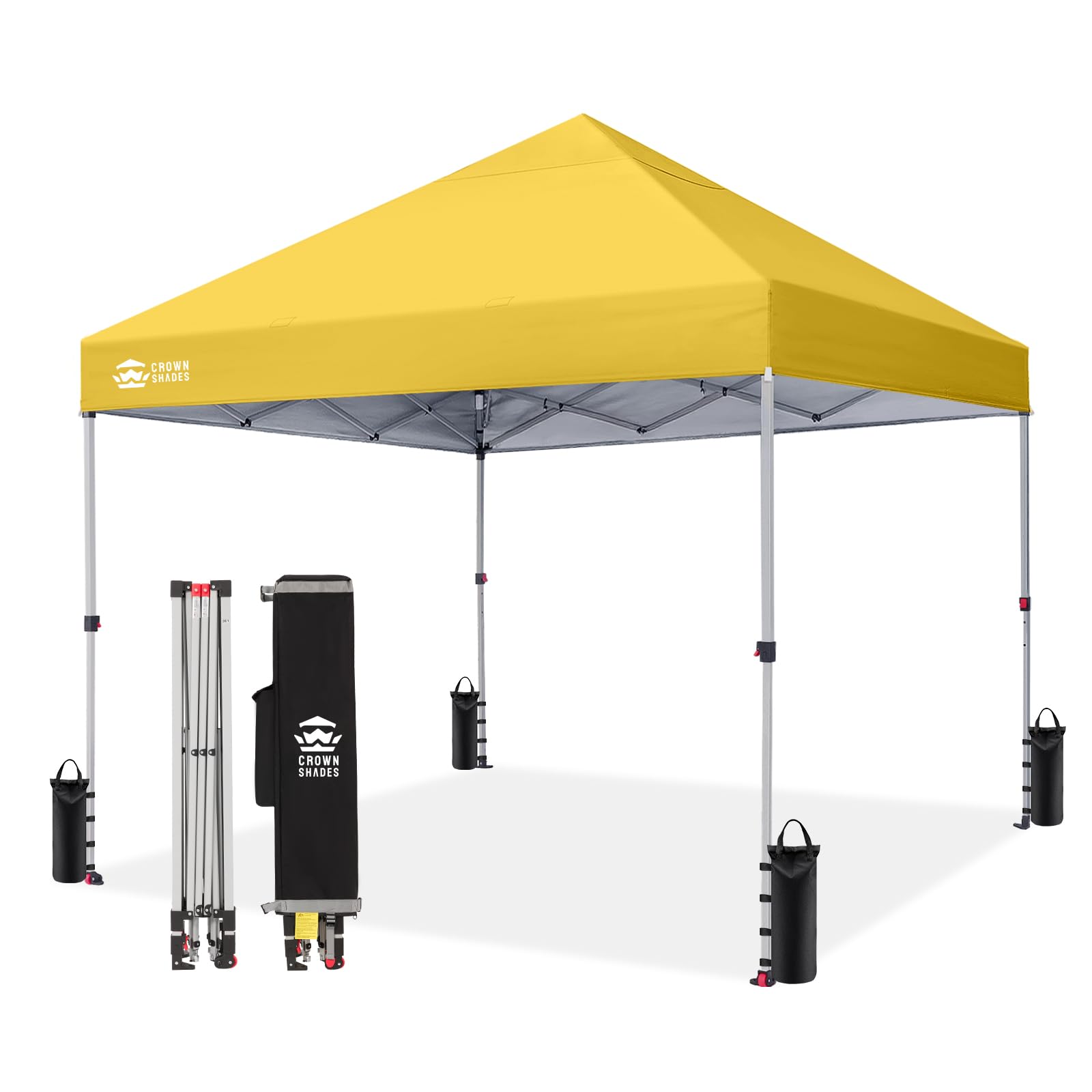 CROWN SHADES 8x8 Pop Up Canopy - Beach Tent with One Push Setup - Easy Outdoor Sun Shade for Events, Parties, Camping - Gazebo with STO-N-Go Cover Bag, Silver Coated Top, Yellow