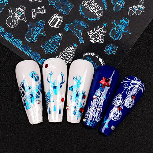 9 Sheets Christmas Nail Art Sticker 3D Self-Adhesive Blue White Snowflake Christmas Tree Snowman Elk Glitter Decals Nail Art Decorations For Women Girls Kids #TOP2