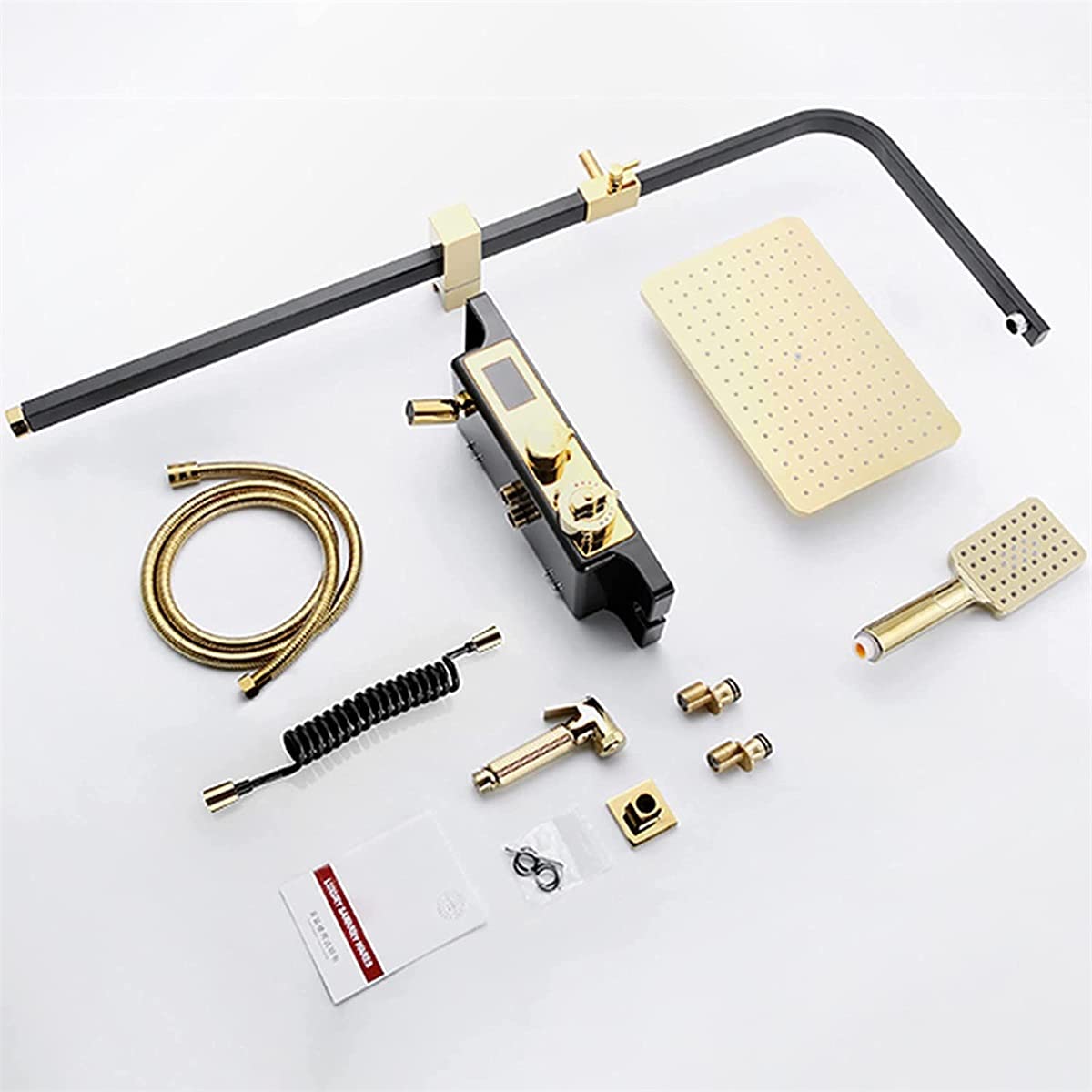 Sistema Doccia a Pioggia, Set termostatico Combinato, Rubinetto per Bagno in Oro e Nero con soffione a Pioggia, doccetta, Rubinetto per Vasca, doccetta Bidet, Display Digitale