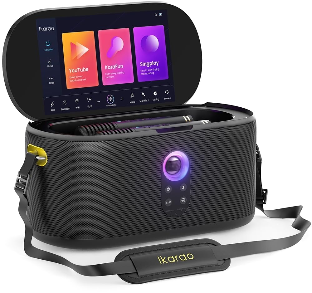 Ikarao Shell S1 Professioneller Karaoke-Lautsprecher mit 10,1 Zoll Touchscreen, 2 wiederaufladbare kabellose Mikrofone, kraftvoller Sound 280W, KaraFun Prime und tragbar für Partys