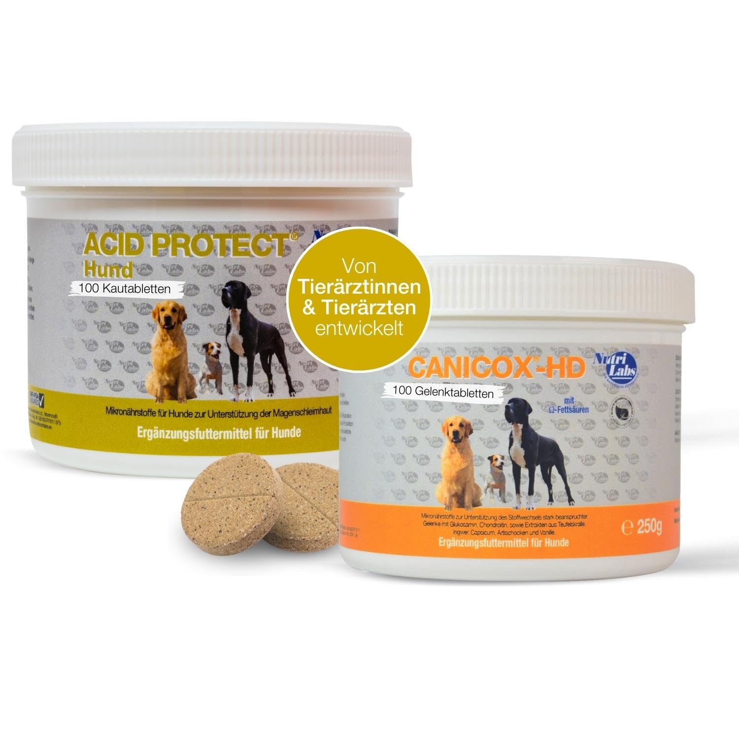 NutriLabs Canicox-HD Gelenktabletten für Hunde zur Unterstützung bei Gelenksproblemen mit Glucosamin, Chondroitin & Acid Protect Hund Magenkräuter Kautabletten zur Unterstützung