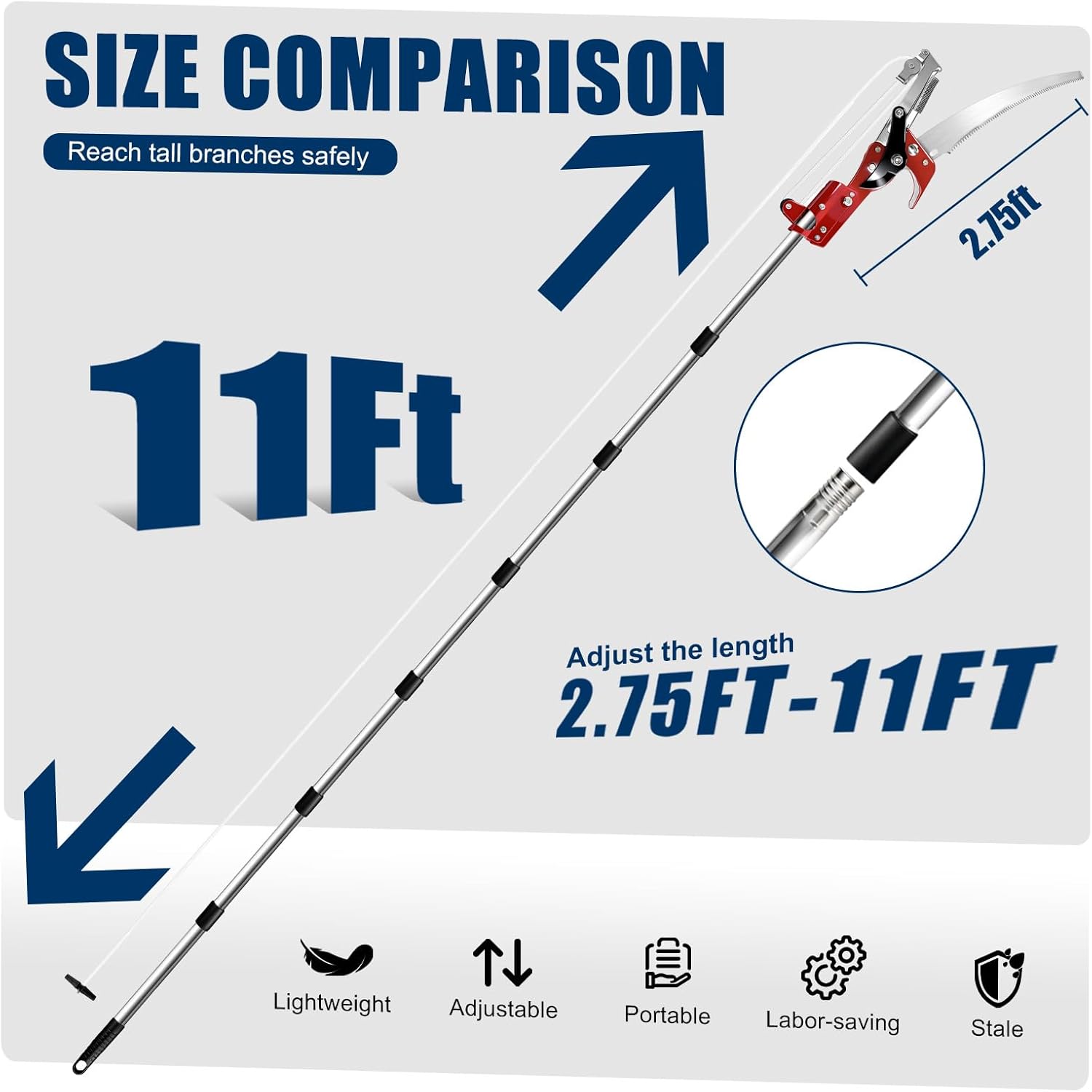 2-In-1 Pole Saws for Tree Trimming- 11FT Manual Tree Pruner With Saw Extendable Long Handle Pole Tree Trimmer, Hand Pole Saw For Cutting High Branches, Detachable Pruning Saw
