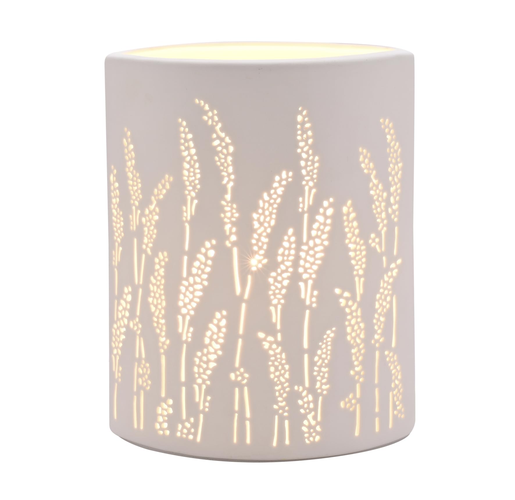 Widdop and Co Hestia - White Ceramic Oval Table Lamp with Perforated Floral Motif - Soft Warm Glow - Contemporary/Modern Homeware & Gifting - Type G UK Plug. H: 23 x W: 18cm.