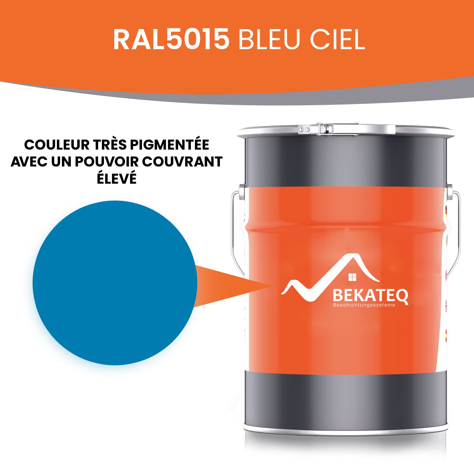 BEKATEQ LS-580 Peinture pour toitures métalliques 3 en 1, satinée 5L RAL5015 Bleu ciel I Peinture métal pour toitures en tôle, peinture de protection des métaux pour intérieur & extérieur