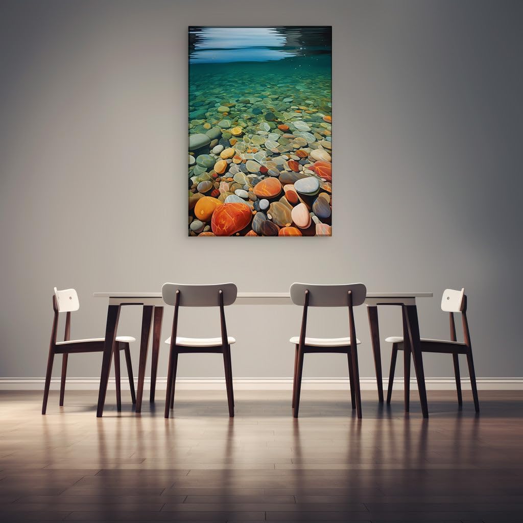 Canvas for Living room. Riverscape Serenity - The Dance of Multi-hued Pebbles Beneath Crystal Waters, 27 x 18 inch Canvas Wall Art - Contemporary Masterpieces - Modern Home Decor