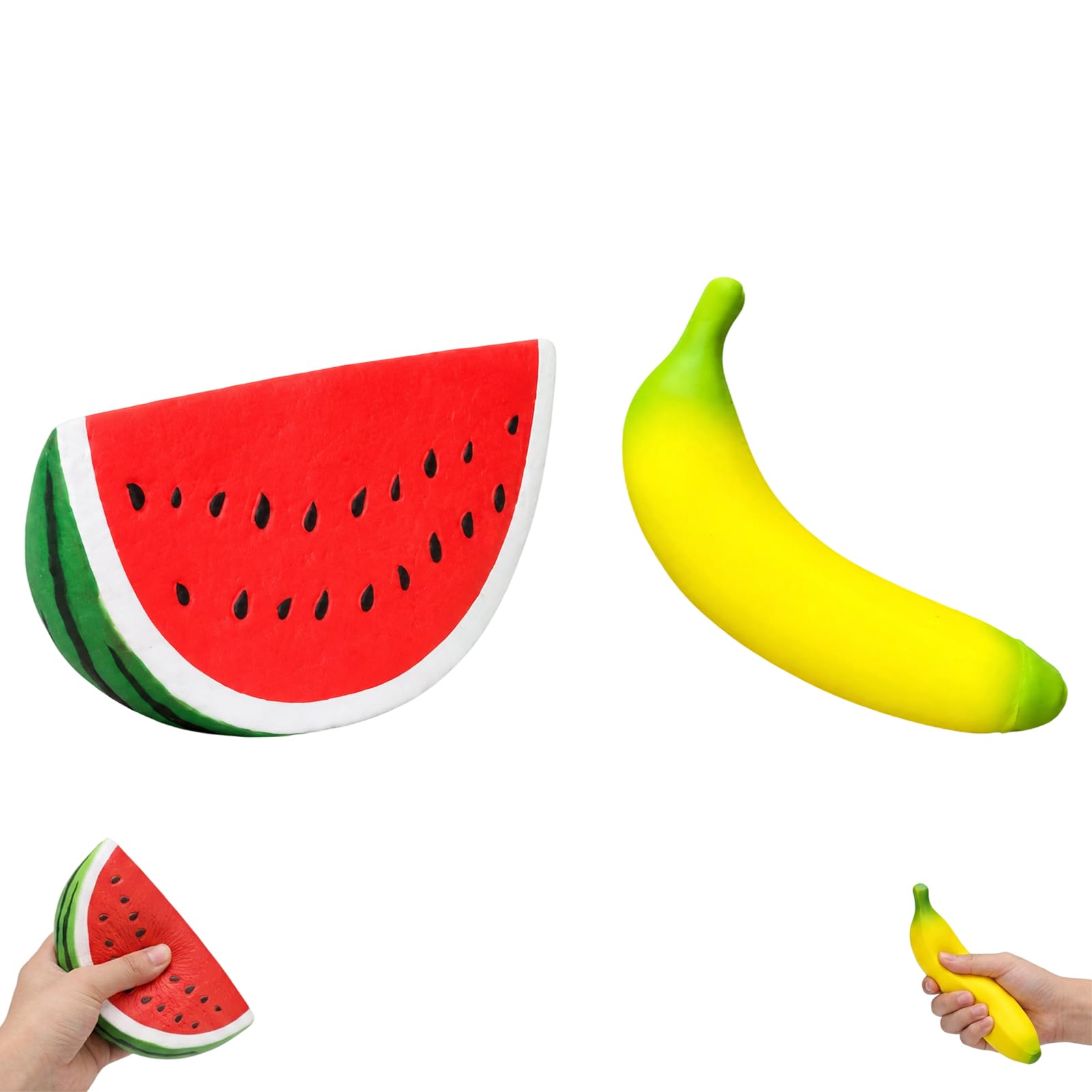  2Pcs Banana and Watermelon Squishy, Fruit Jumbo Two-Piece Set for Desk Office and Car Hand Use