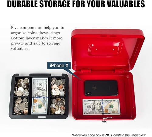 Vista 157 de KYODOLED Caja de dinero mediana con bandeja para dinero, pequeña caja de seguridad con llave, cajón de efectivo, 7.87 x 6.30 x 3.54 pulgadas, verde