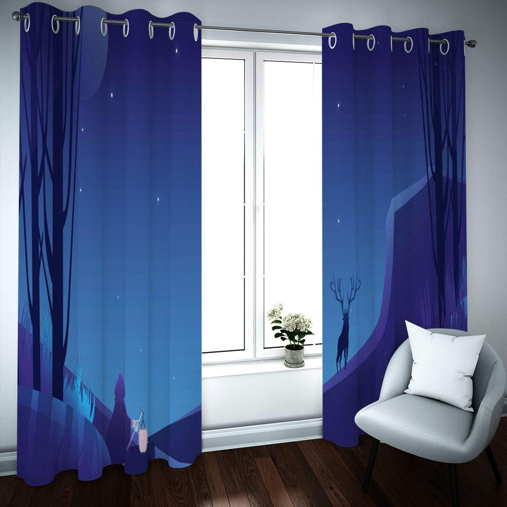 Cortinas Opacas Termicas Aislantes Frio Y Calor Con Ojales 2 Piezas 3D Sombra De Ciervo En El Bosque Azul Profundo Patrón 280X260Cm Cortinas Salon Infantil Dormitorio Ventana Moderna Decoración Par