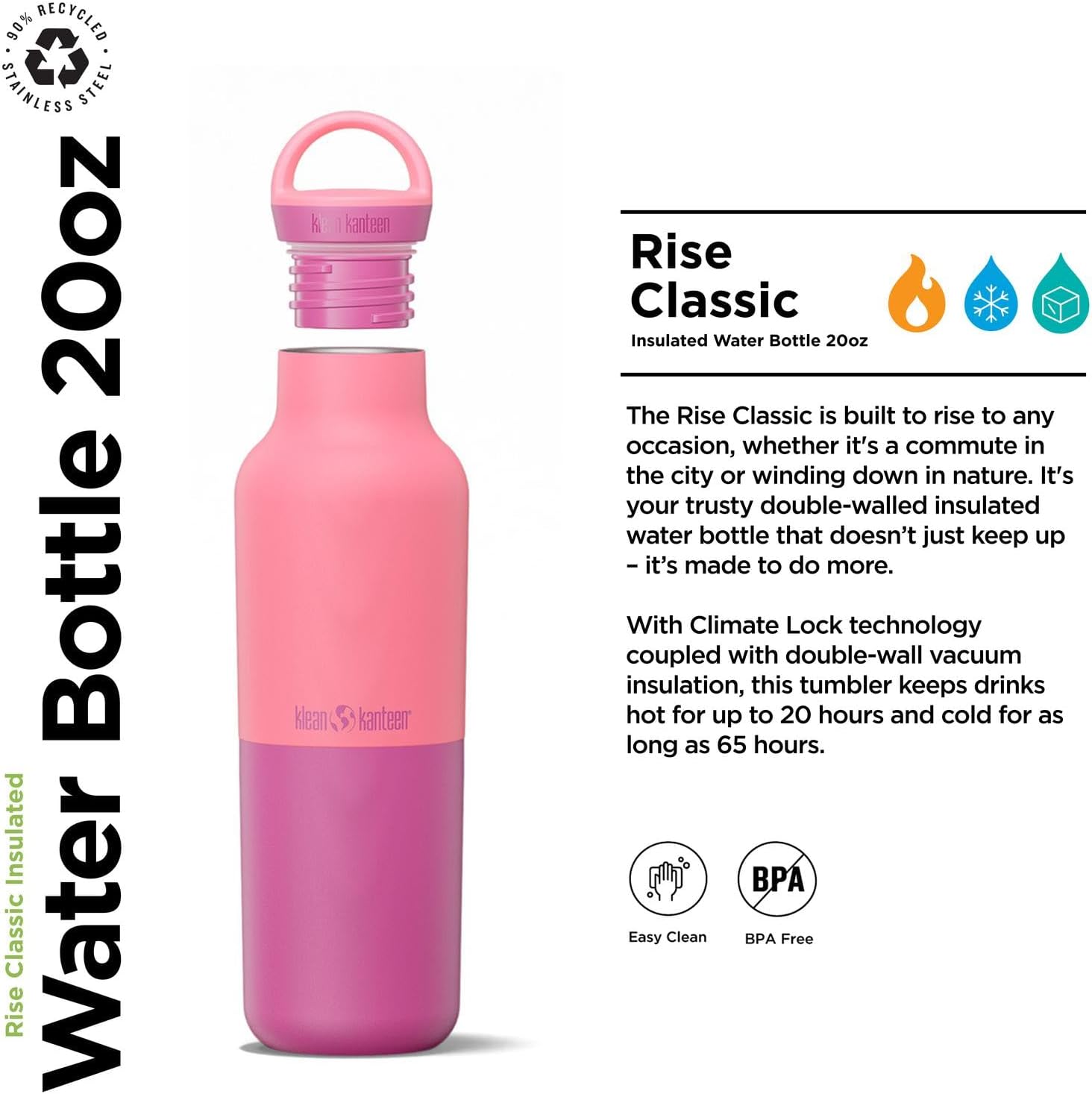 Klean Kanteen Rise Classic Insulated Water Bottle - Keep Drinks Cold for 65 Hours - Stainless Steel - Insulated Water Bottle - Leak & Sweat-Proof - Arch Loop Cap - 20 oz - Pink Lemonade - Image 2