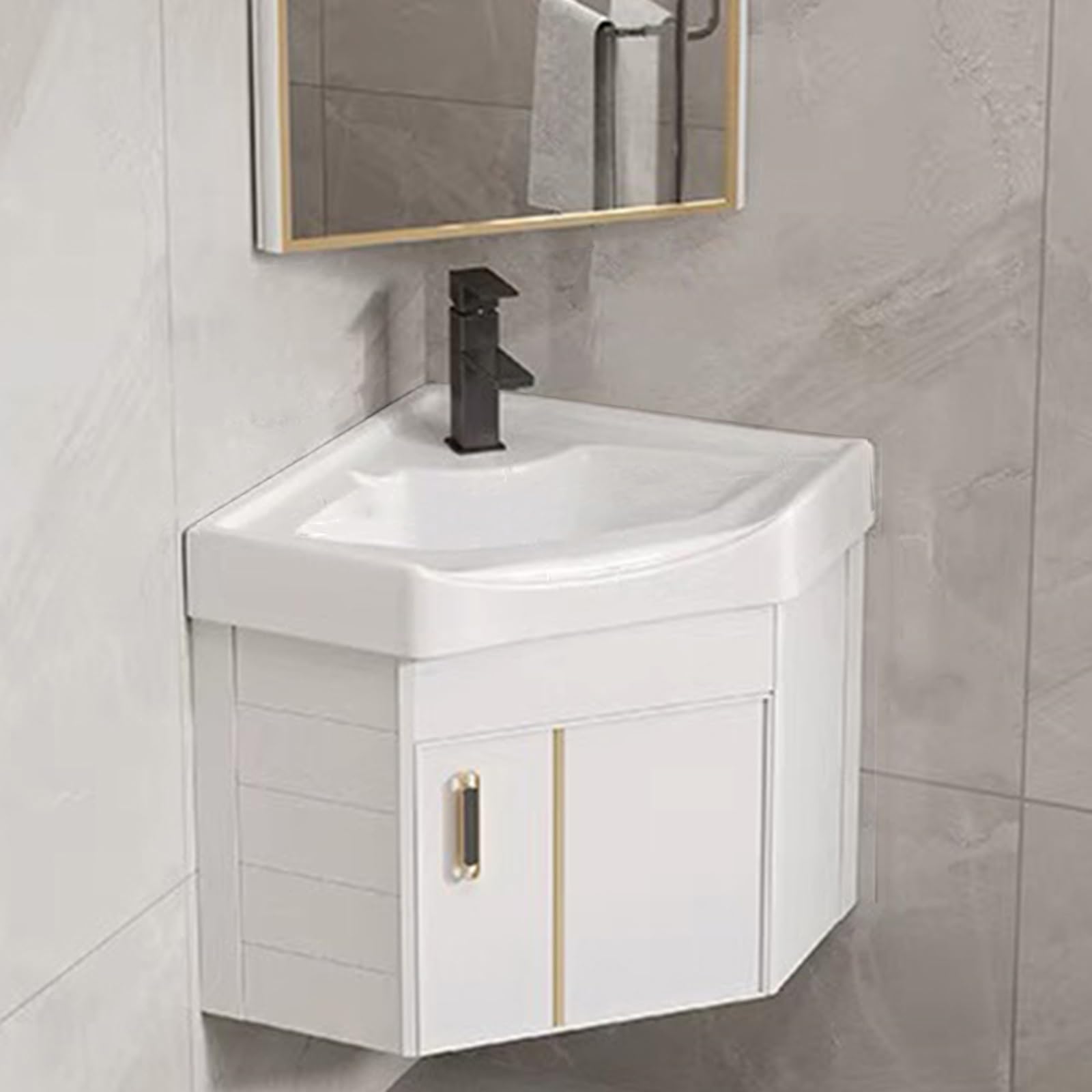 Gabinete de tocador de baño, Lavabo de Esquina montado en la Pared con contenedor de Almacenamiento(Color:Wit,Size:38cm/14.9in)