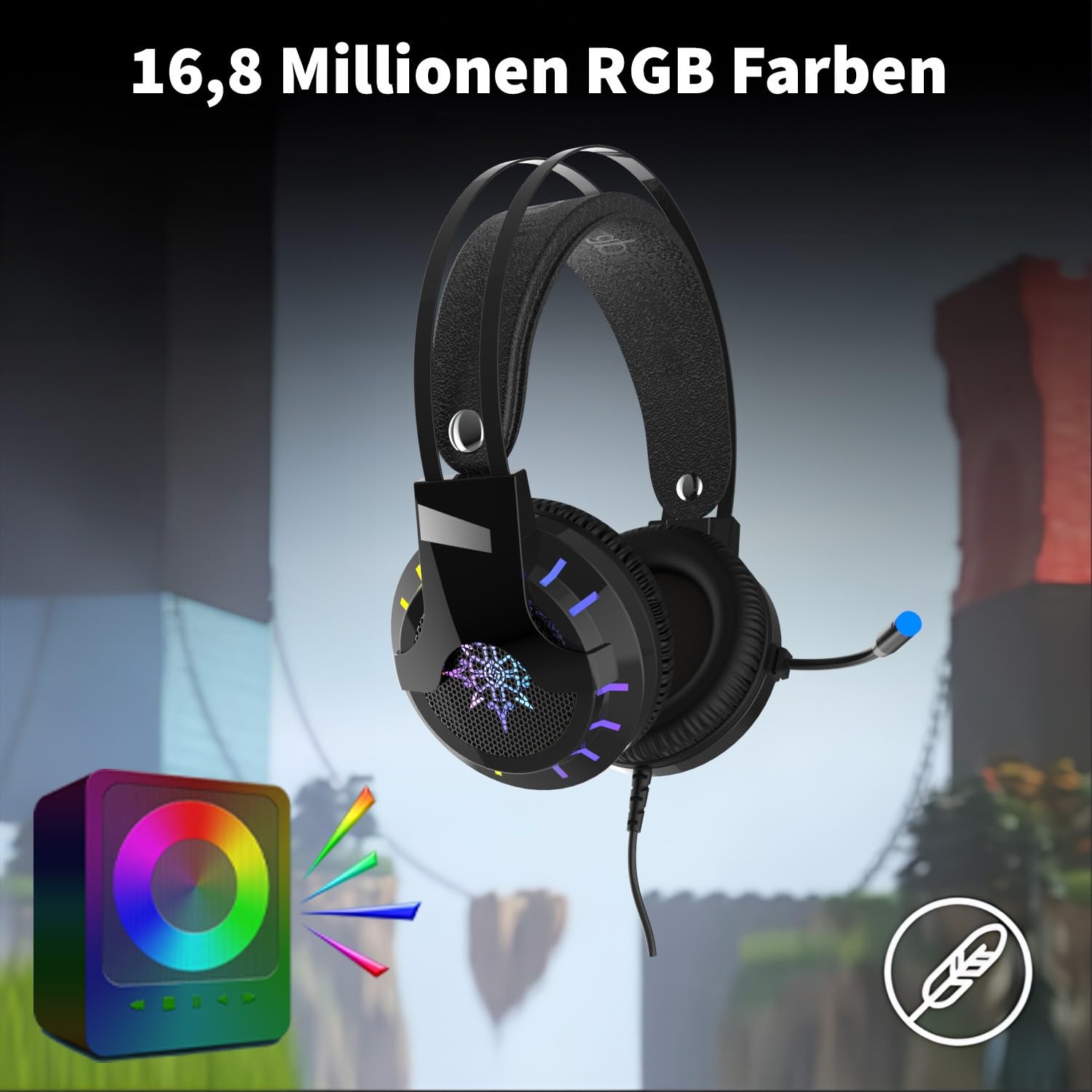inca IGK-X10 zestaw słuchawkowy do gier – wirtualny dźwięk przestrzenny 7.1, oświetlenie RGB, sterownik 50 mm, kabel USB, mikrofon z redukcją szumów, regulacja głośności, kompatybilny z PC/PS5, lekki