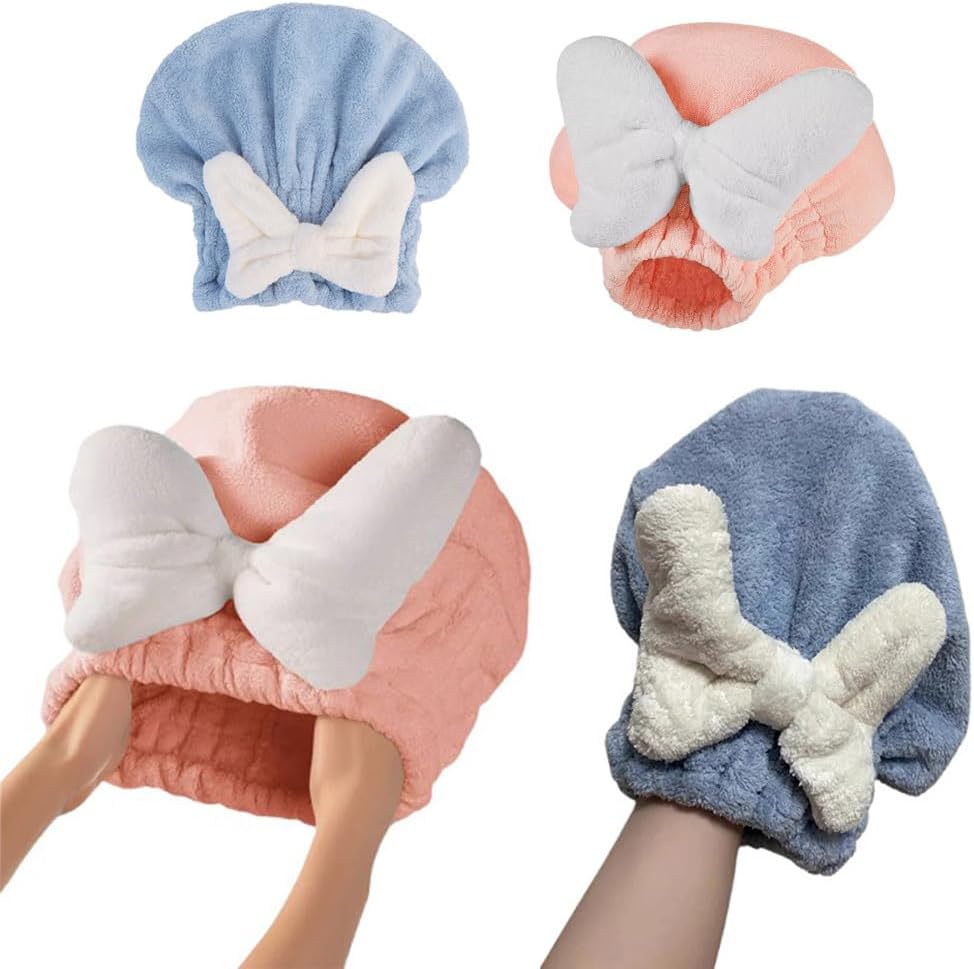 2 Pack Hair Drying Caps Ultra Absorbent Hair Turban Microfiber Hair Towel Wrap Head Towels for Shower Curly Thick Long Hair Conditioner Hair Oil Serum Overnight Conditioning Treatment
