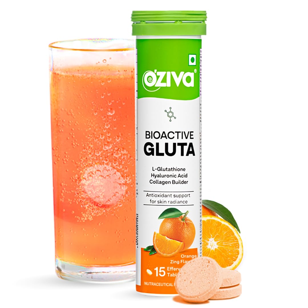 OZivaBioactive Glutathione Tablets for Radiant Skin - 15 Effervescent Tablets (Pack of 1) | L-Glutathione, Hyaluronic Acid, Lycopene, Vitamin C For Skin Glow & Anti-Pigmentation | Orange