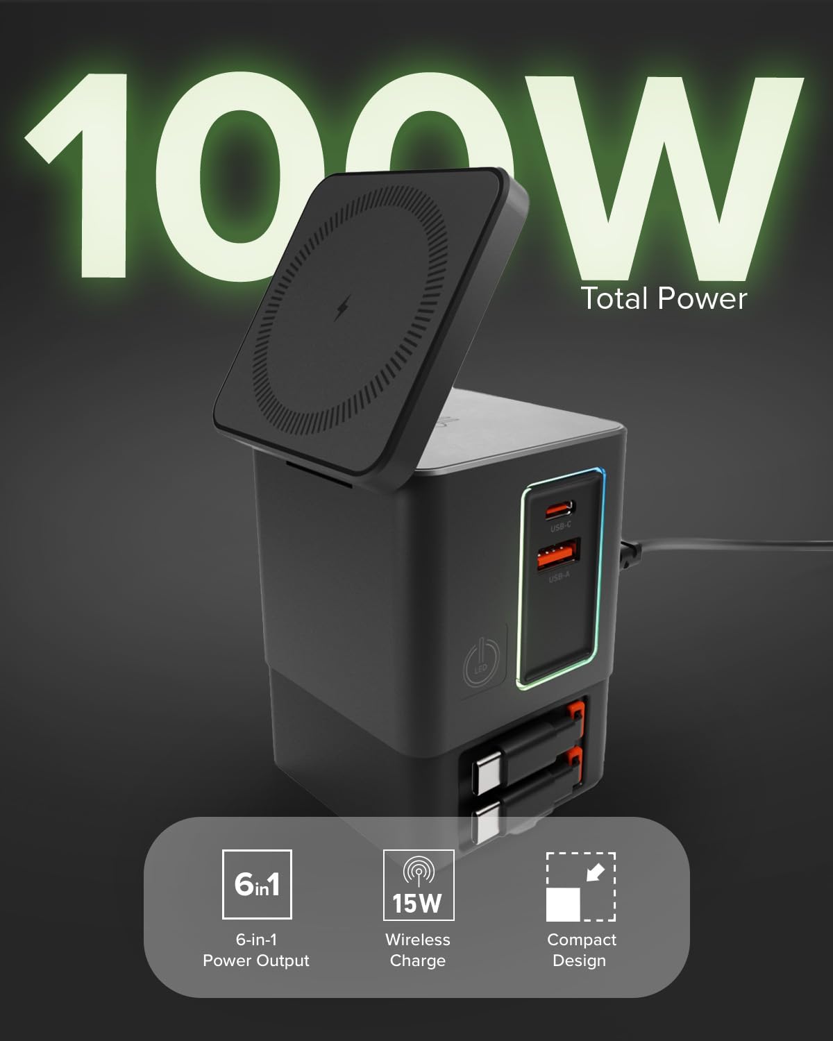 SBS Power Dock 6in1 100W USB-C, Recharge sans Fil 15W, Compatible MagSafe | Power Delivery (PD 3.0 PPS), Station de Recharge avec 2 Câbles Rétractables, Adaptateur pour Ordinateur, iPhone, Noir