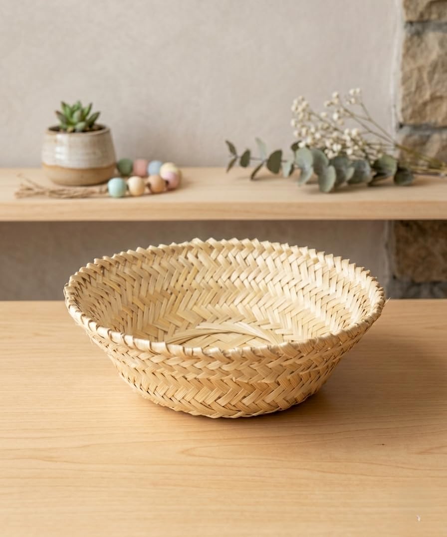 Handwoven Bamboo Basket Bowl, Natural, Round, 23 cm Width, 8 cm Height, Rustic Handcrafted Style, for Home Decor-image-22