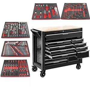 JOMAFA Carro de Taller Grande de 13 cajones con Bandeja de Madera, Edición XXL con 5 modulos de Herramientas