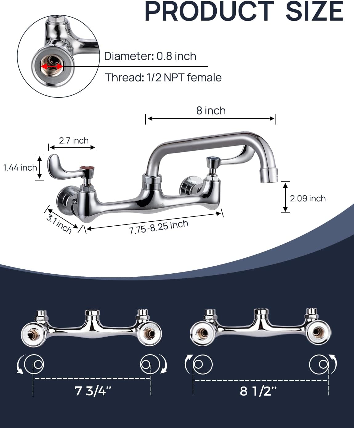Leak-Free Kitchen Faucet Wall Mount 8" Center 8" Swivel Spout, Commercial Sink Faucet 2 Hole 2 Wrist Blade Handles, Industrial Restaurant Compartment Sink, 1/2" NPT Thread, Brass