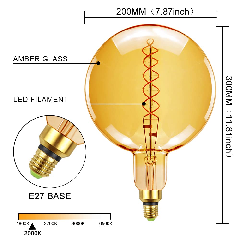 Lampadine a led antiche Lampadina decorativa gigante 6W Dimmerabile E27 Base 220 / 240V 300Lumens Super Giallo Caldo (G200)