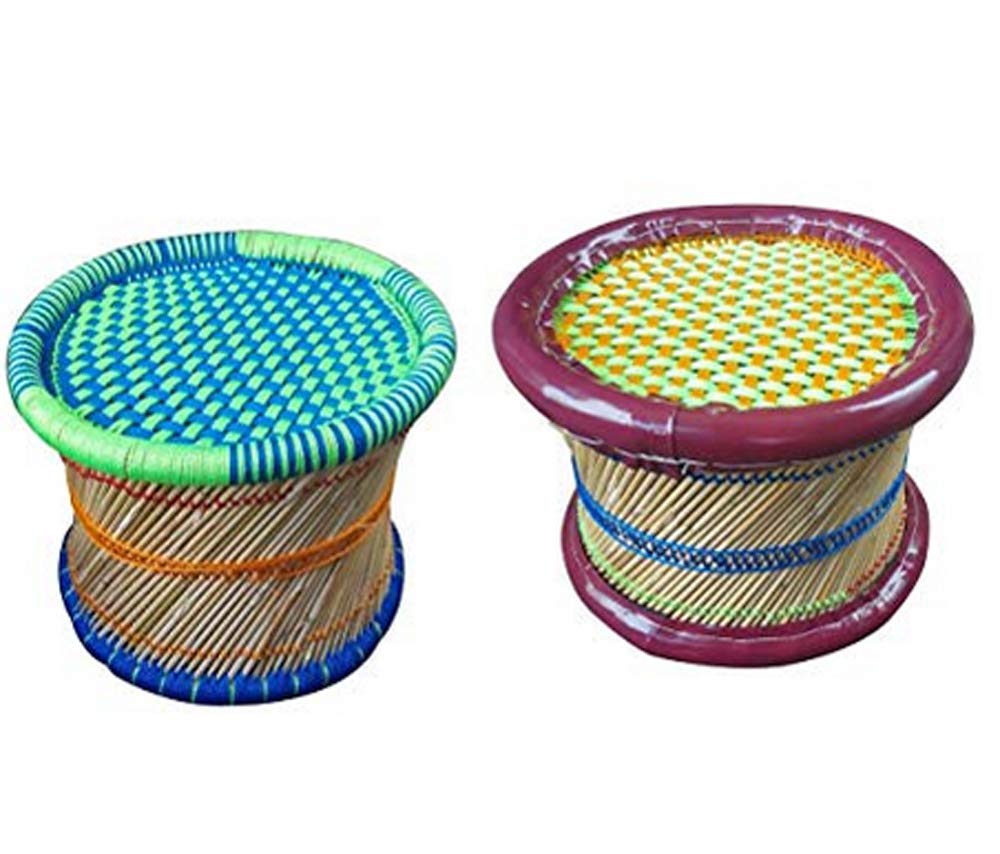 Anupam Enterprises Eco-Friendly Handicraft Cane Bar Bamboo Chair/Stool/Muddha/Mudda for Outdoor/Indoor/Furnishing/Color: Multi-Colored 2 Piece (10 inch Height)