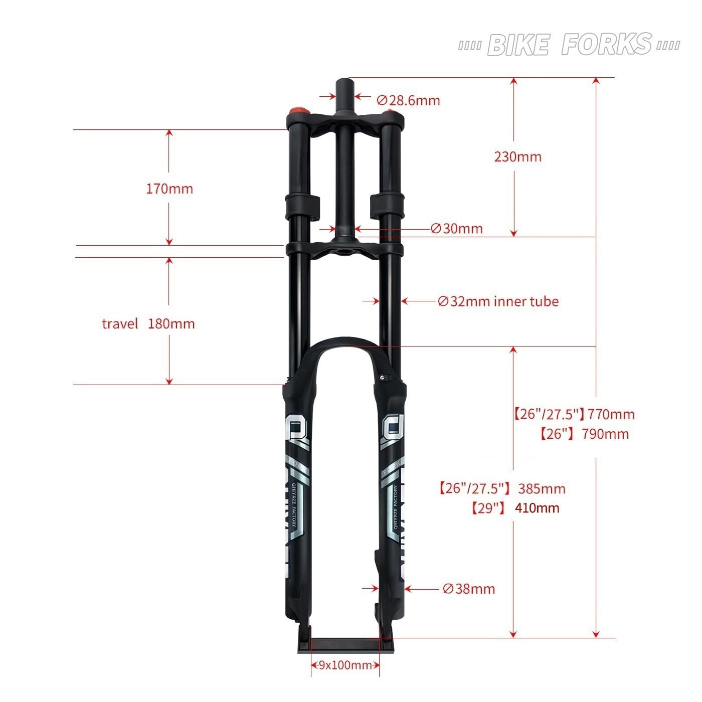 Horquilla de suspensión de bici de montaña 26" 27.5" 29" 9*100mm QR