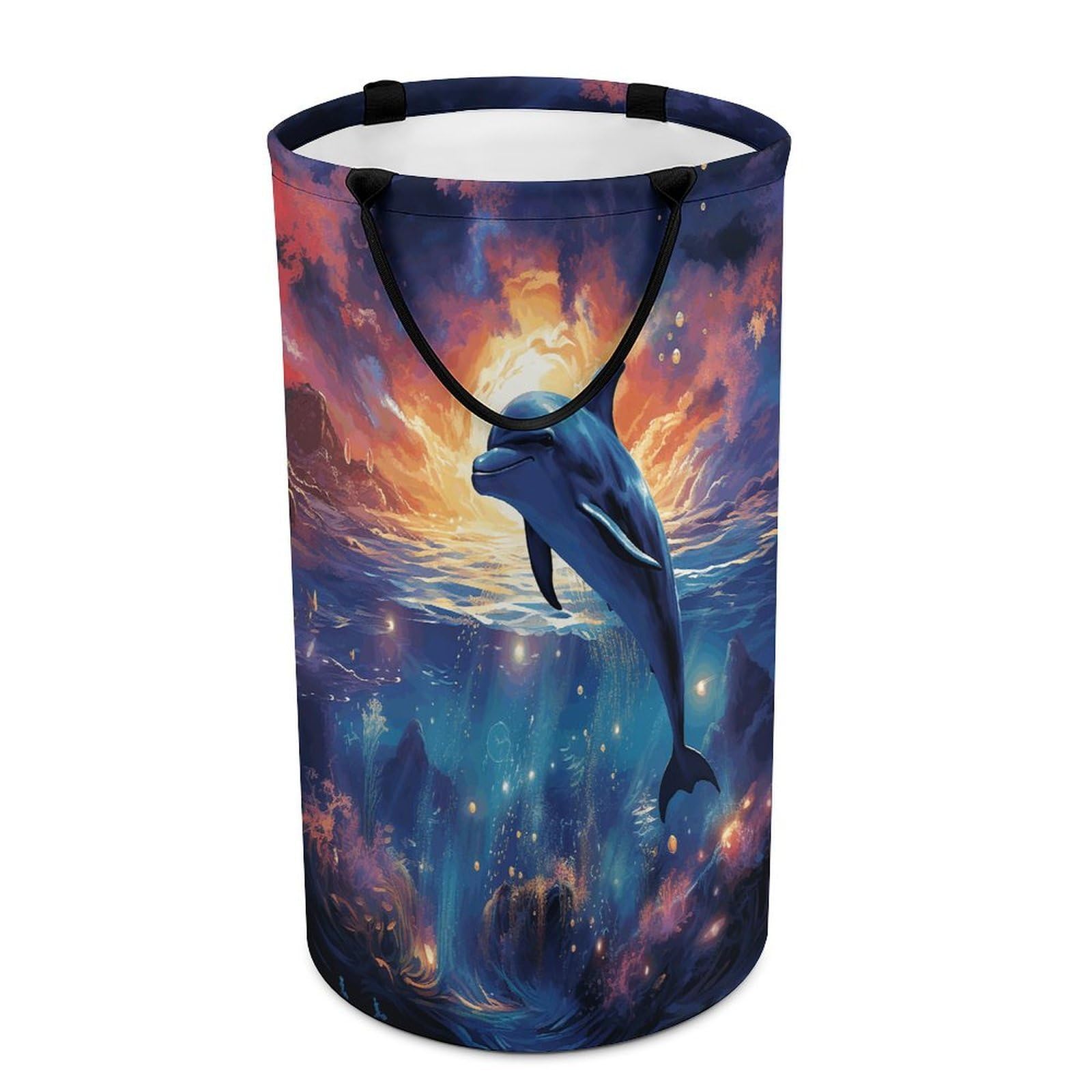 Colorful Starry Sky Ocean Dolphin Laundry Basket Large Foldable Laundry Hamper with Handles Freestanding Collapsible Clothes Basket Waterproof Portable Dirty Clothes Hamper for Bathroom 86L