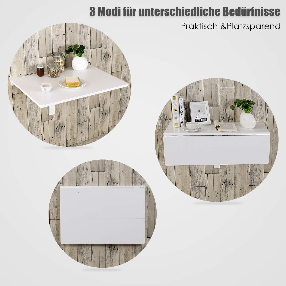GOPLUS Stół ścienny, wiszący, składany, zajmuje mało miejsca, przenośny, regulowany stół ścienny z płyty MDF i sosny, 80 x 60 x 45 cm, stolik do laptopa do salonu, jadalni (biały)