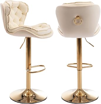 Modern Swivel Pub Height Barstool, High Dining Chair with Velvet Seat, Backrest, Armless Hydraulic Counter Stool, Gold Base Island Stool, Set of 2 Cream