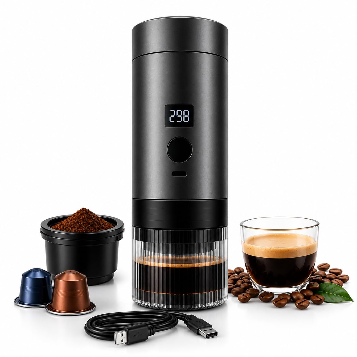 Caffettiera Elettrica Portatile Wireless con Display Digitale, Compatibile con Capsule e Caffè Macinato, Macchina da Caffè Espresso Ricaricabile USB-C, One Click, Ideale per Viaggi, Auto e Campeggio