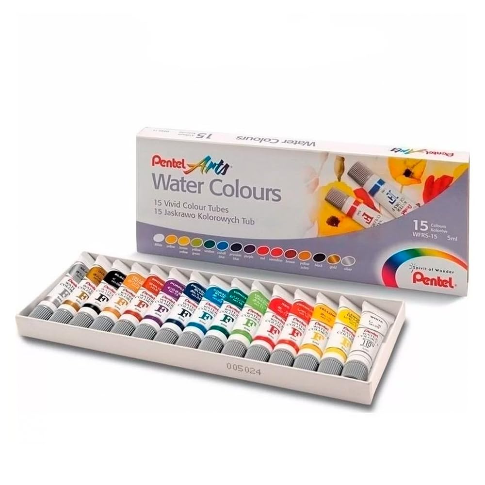 Pentel Arts Water Colours Assorted Colours, Artist Quality, 5ml Plastic Tubes, Acid-Free and Certified by ACMI, WFRS-15, 15 Colour Set